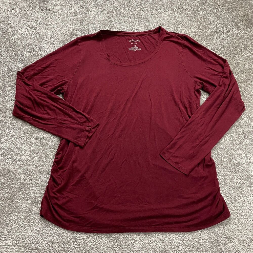 A Glow Maternity Blouse Womens 2XL Maroon Round Neck Long Sleeve Stretch Casual